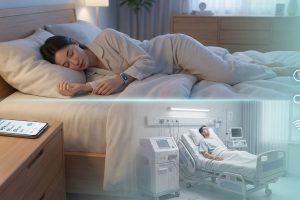 Person using a home sleep test device as an alternative to a traditional sleep lab for easy and convenient sleep disorder diagnosis