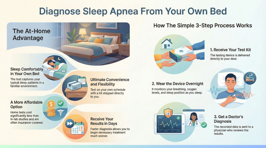 Person using a home sleep test device as an alternative to a traditional sleep lab for easy and convenient sleep disorder diagnosis